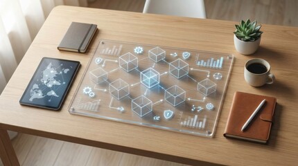 Digital blockchain technology concept displayed on a modern office desk with tablet, notepads, coffee cup, and plant decor