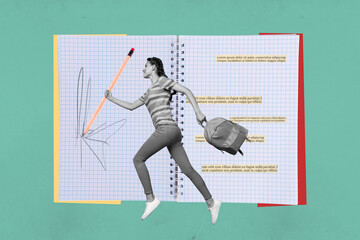 Contemporary image art collage of happy girl stand open notepad education supplies university...