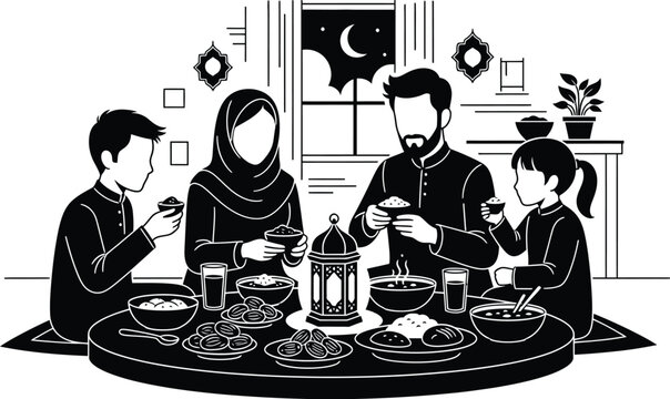 muslim family breaking iftar silhouette on white background