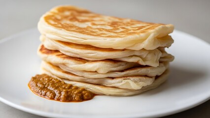Stack of Soft Flatbreads with Savory Sauce on White Plate