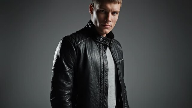 Man in black leather jacket and pants posing with hand in pocket on dark background