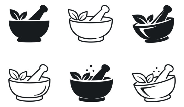 Stylized herbal icon set featuring mortar and pestle with leaves for natural remedies and wellness