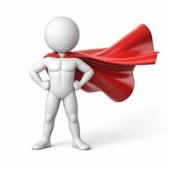 3d white stick figure superhero posing confidently with a flowing red cape