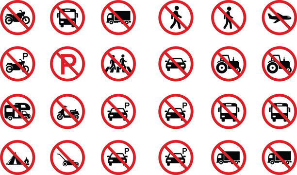 Large set of red circular prohibition signs featuring no parking, no entry for vehicles, and pedestrian restrictions.