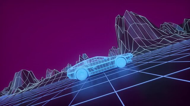 Stylized Vaporwave Wireframe Vehicle on a Surreal Digital Roadway