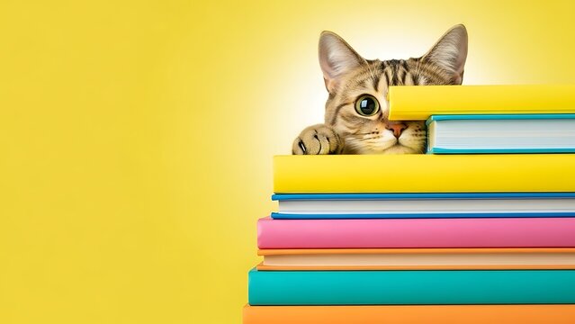 A curious cat peeking over a stack of colorful books on a bright yellow background