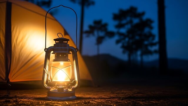 A lantern glows brightly in a serene camping scene at dusk with a tent and trees in the background.