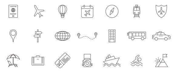 Travel editable stroke icons set. Travel, hotel, holiday, tourism, beach, plane, map, agent and insurance. Vector Illustration.