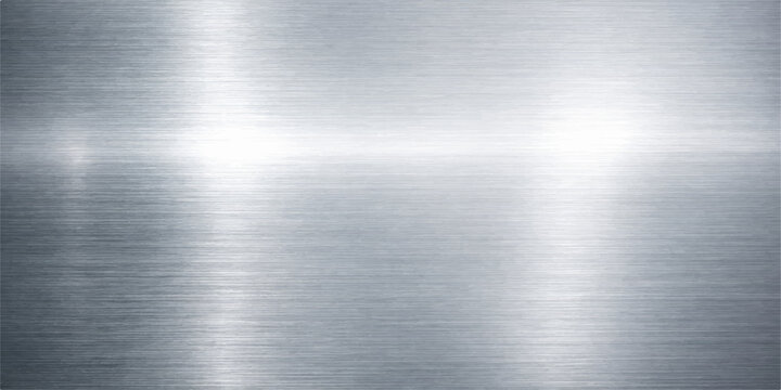 A polished silver brushed metal texture background features a shiny industrial stainless steel plate surface with a grey metallic pattern and chrome reflections on a textured aluminum sheet