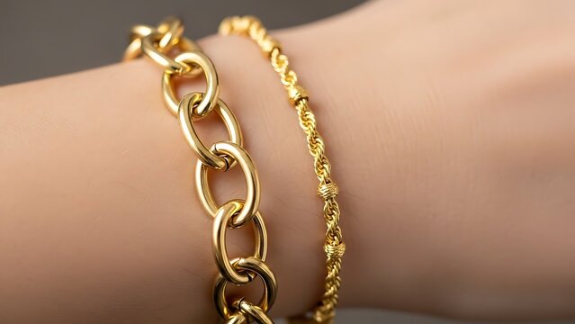 A woman wearing two gold bracelets on her wrist with a gray background