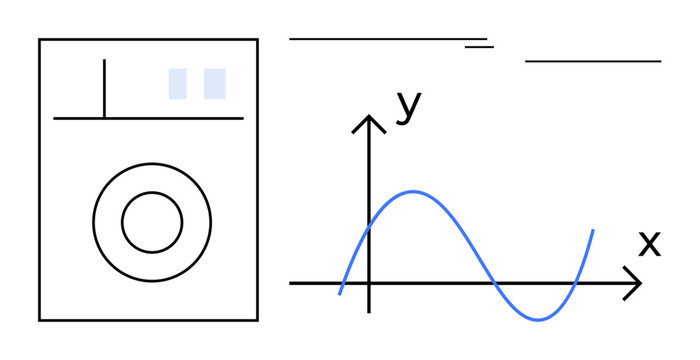 Graph with x and y axes alongside a wave function curve and basic geometric shapes. Ideal for math learning, technical training, data analysis, engineering, design theory, science, simple flat