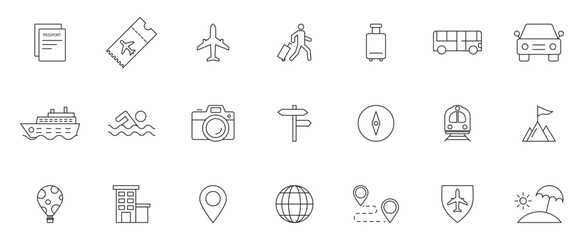 Travel outline icon set. Includes airplane, passport, luggage, car, hotel, map, beach, and vacation elements.
