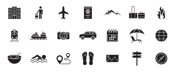 Travel icons set for trips, vacations, destinations, flights, hotels, sightseeing, luggage, maps, transportation, and tourism visuals.