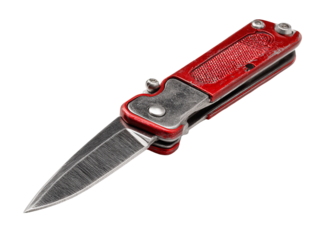 A red folding pocket knife with a sharp blade, ready for any task. A versatile and compact tool. Isolated Transparent Background, PNG