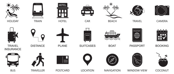 Travel Icon. Set of solid icons on tourism, vacations, tourist attractions, planes, trains, hotels, passports, trip.