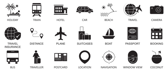 Travel Icon. Set of solid icons on tourism, vacations, tourist attractions, planes, trains, hotels, passports, trip.
