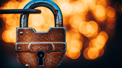 A rusty old padlock with a blurred background of warm golden lights
