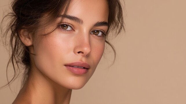 close up portrait of a woman with natural glowing skin and soft hair texture, minimal makeup, calm confident expression, neutral beige background