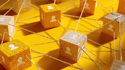 Wooden blocks with person icons connected by strings on a yellow surface, symbolizing a network