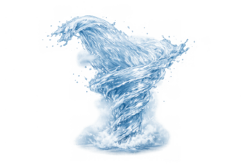 Water forming a powerful blue vortex with splashing liquid, symbolizing energy, motion, and natural forces on transparent background