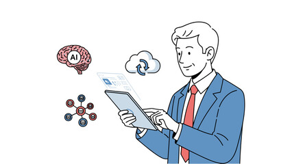 A smartly dressed man is confidently interacting with a digital tablet, accompanied by floating icons of an AI brain, cloud, and data network.