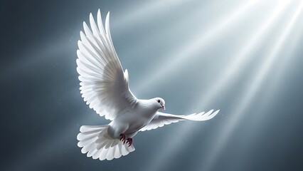 A white dove flies through a beam of light in a dark blue sky