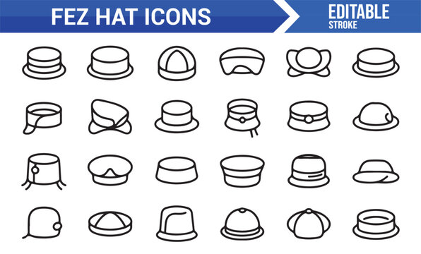 Fez hat icon set in editable outline vector style