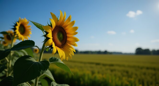 Weites Sonnenblumenfeld unter blauem Himmel sommerliche Landschaft in nat&uuml;rlichem Licht