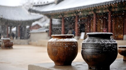 Traditional ceramic storage jars sit outside historical buildings during a gentle snowfall