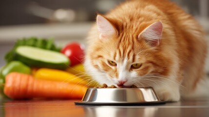Orange cat eating dry food from stainless steel bowl surrounded by fresh vegetables in a modern kitchen setting with natural lighting