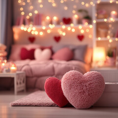 Romantic Hear Backdrop: Cozy bedroom with heart shaped pillows on the floor