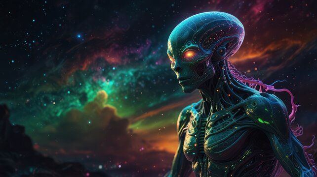 Otherworldly being with glowing eyes stands before vibrant celestial nebula