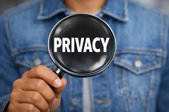 Privacy policy concept. Personal information management. Person using magnifying glass focus to privacy word on virtual screen.