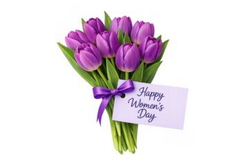 Purple tulips bouquet with happy women's day greeting card