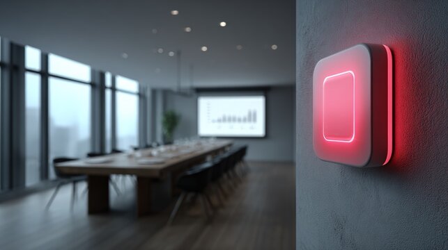 Red glowing wall button in modern blurred meeting room, screen showing business chart - Powered by Adobe