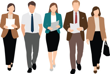 Obraz premium Professional business team walking together holding documents, diverse corporate employees in formal attire, teamwork leadership concept, modern flat vector illustration isolated on white background