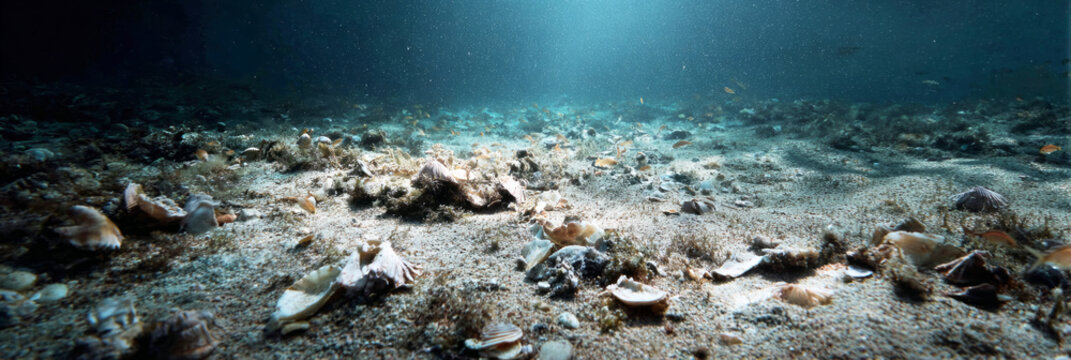 Underwater scene shows a seabed with disturbed sand, broken coral, and scattered shells. A few fish are present in low light, indicating changes in the environment, banner