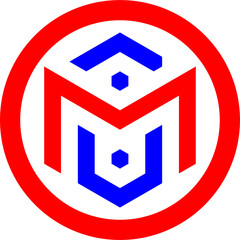 Abstract M letter geometric logo in red and blue circle