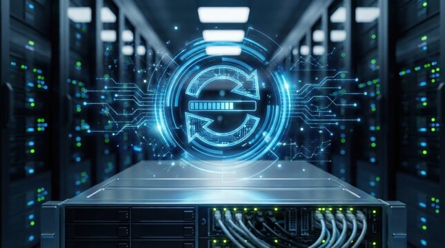 Data center infrastructure with glowing synchronization icon,high-speed connections,cloud computing,network communication,modern server storage and technology integration