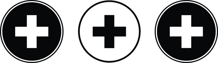 Obraz premium Medical cross plus icon set in circle styles solid and outline symbols for healthcare flat vector illustration design