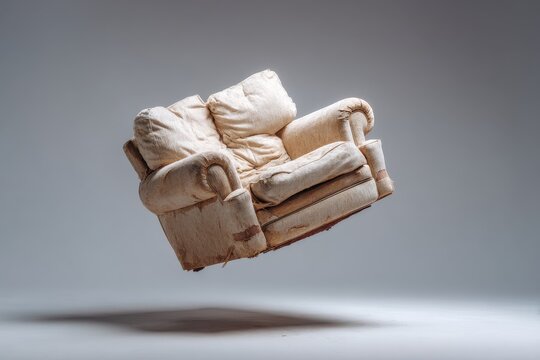Vintage beige armchair with torn fabric and sagging cushions floats in mid-air, symbolizing nostalgia, abandonment, and interior design trends