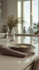 Fototapeta premium A breakfast table shows a used plate with crumbs. A dishcloth lies next to it. In the background, natural light enters through the window into the kitchen