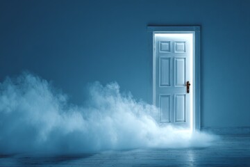 Minimalistic blue interior with glowing white door and mist, evoking mystery, transition, and conceptual possibilities