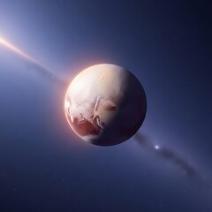 Lone distant dwarf planet illuminated by bright star in vast dark void of deep outer space