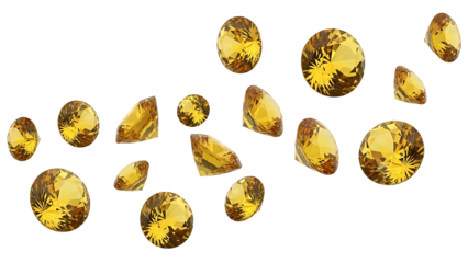 A visually appealing collection of various yellow diamonds and gemstones scattered on a clean white background, showcasing different cuts and sizes.