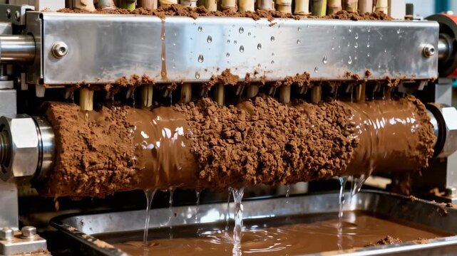 Medium shot capturing the mechanical mud filtration process with a closeup on wet cane mud cake texture as water is extracted.