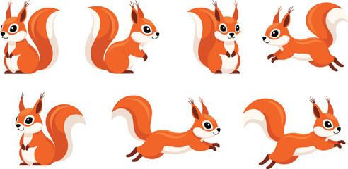 Set of six cartoon red squirrel sprites in different poses, including standing, sitting, running, and jumping, for animation or game design, isolated on white. © Art_By_Aktarina