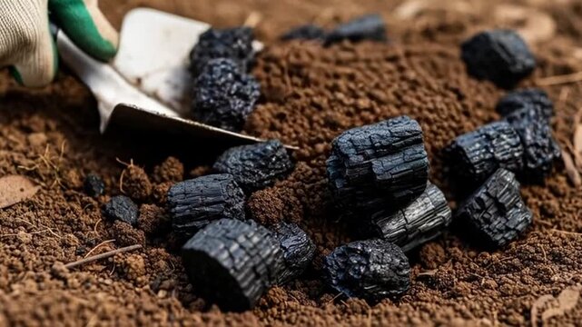 Gardener uses a shovel to add charcoal to soil for plant growth and soil enrichment