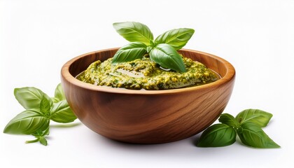 pesto sauce in wooden bowl with basil garnish isolated on solid white background in