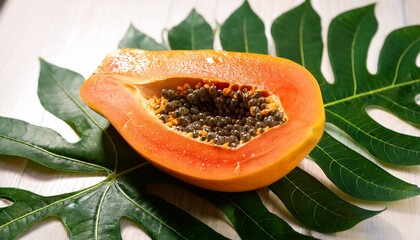close up of a papaya slice on leaves